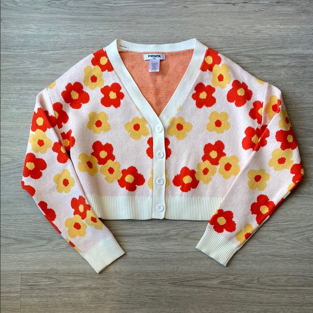 RSQ Retro Orange and Yellow Floral Cropped Cardigan Size Small